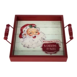 Transpac Vintage Santa Wood Tray With Handles For Serving And Holiday Decor Multicolor Christmas Gift And Hostess Present