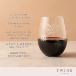 Twine Scattered Snowflakes Stemless Wine Glass, Holiday Wine And Christmas Party Accessory, Hostess Gift, Snow Pattern, Clear, Silver