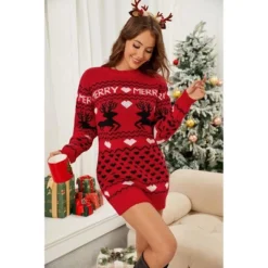 Coolmee Women's Knit Dresses Long Sleeve Casual Crew Neck Bodycon Dresses Jacquard Reindeer Slim Fit Fall Winter Christmas Outfits XL Red
