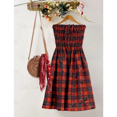 LA LEELA Women's Casual Beach A Line Slit Smocked Mini Dress Tube Top Evening Short Strapless Christmas Tree Dresses For Women One Size Red 4 LA LEELA Women's Casual Beach A Line Slit Smocked Mini Dress Tube Top Evening Short Strapless Christmas Tree Dresses For Women One Size Red - Image 4