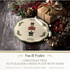 Spode Christmas Tree Nutcracker Cheese Platter With Knife - 9" Porcelain Holiday Serving Tray For Charcuterie - Dishwasher & Microwave Safe