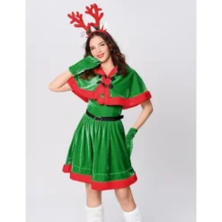 Costume For Women Santa Christmas Costume Velvet Dress Outfit With Belt Shawl Gloves Headband