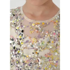 2Bunnies Christmas New Year Holiday Girl Gold Shimmer Sparkle Sequin Dress Puff Sleeve