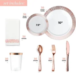 Chateau Fine Tableware 252-Piece Rose Gold Plates, Napkins, Party Supplies, Dinnerware For Adults (36 Sets)