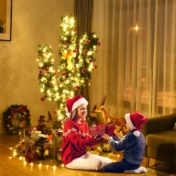Costway 5Ft Pre-Lit Cactus Christmas Tree LED Lights Ball Ornaments
