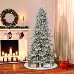 7.5ft Puleo Pre-Lit Flocked Slim Royal Majestic Spruce Artificial Christmas Tree Clear Lights: Hinged, Flame-Retardant, Indoor Use
