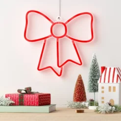 LED Battery Operated Christmas Neon Bow Hangable Sign Red - Wondershop™
