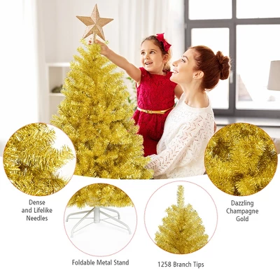 Costway 7.5Ft Hinged Unlit Artificial Tinsel Christmas Tree Holiday,Silver ,Gold 9 Costway 7.5Ft Hinged Unlit Artificial Tinsel Christmas Tree Holiday,Silver ,Gold - Image 9