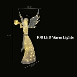 LuxenHome 5Ft Angel Playing Gold Trumpet Outdoor Holiday Decoration With Lights White, Sliver, Gold