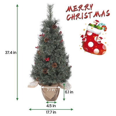 Small Xmas Tree, Mini Christmas Tree W/Lights, 3ft Christmas Tree Pre-lit W/78 Warm White LED Lights,Red Berry Clusters And Cloth Bag Base,2pcs 1 Small Xmas Tree, Mini Christmas Tree W/Lights, 3ft Christmas Tree Pre-lit W/78 Warm White LED Lights,Red Berry Clusters And Cloth Bag Base,2pcs