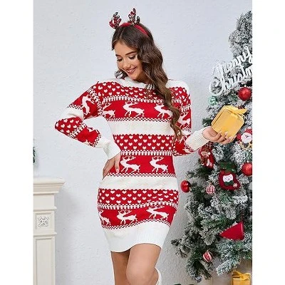 Ugly Christmas Sweater Dress For Women Xmas Crew Neck Pullover Sweater Holiday Knitted Mini Tunic Dress 2 Ugly Christmas Sweater Dress For Women Xmas Crew Neck Pullover Sweater Holiday Knitted Mini Tunic Dress - Image 2