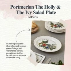 Portmeirion The Holly And The Ivy 8-inch Christmas Salad Plates (Set Of 6) - Festive Tableware, Holly Motif, Microwave, Dishwasher, Freezer, Oven Safe
