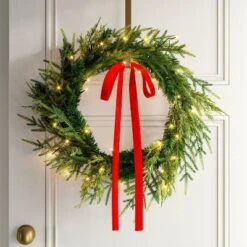 28" Christmas Led Mixed Norfolk And Cedar Wreath With Red Velvet Bow - Wondershop™