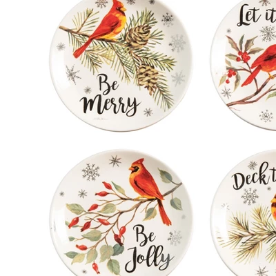 C&F Home 6" X 6" Holiday Sentiment Dolomite Round Dessert Plates Featuring Red Cardinals On Tree Branches Set Of 4 1 C&F Home 6" X 6" Holiday Sentiment Dolomite Round Dessert Plates Featuring Red Cardinals On Tree Branches Set Of 4