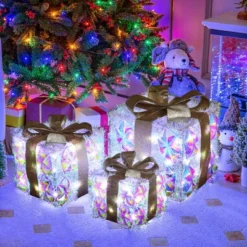 LuxenHome 3-Piece Prism Gift Boxes With Gold Ribbon Holiday Decoration With Lights Multicolored, Gold, White -Northlight Shop GUEST a6cbffcb 21ae 44f4 8e69 fb4974beba38