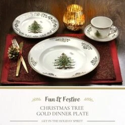 Spode Christmas Tree Gold Dinner Plate, 10.5-Inch Porcelain Dinner & Appetizer Plate, Microwave & Dishwasher Safe, Festive Collectible Dining Plate
