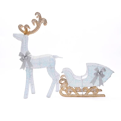 LuxenHome 2-Piece White Reindeer And Sleigh With Silver Bow And Ornaments Outdoor Holiday Decoration With Lights White, Multi, Silver, Brown 6 LuxenHome 2-Piece White Reindeer And Sleigh With Silver Bow And Ornaments Outdoor Holiday Decoration With Lights White, Multi, Silver, Brown - Image 6