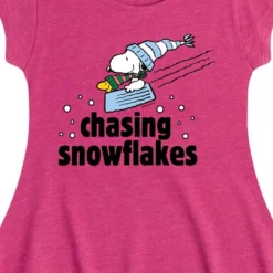 Girls' - Peanuts - Snoopy & Woodstock Chasing Snowflakes Christmas Fit & Flair Cap Sleeve Graphic Dress