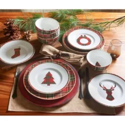 222 Fifth 12pc Wexford Dinnerware Set Red: Holiday & Christmas Dishes, Porcelain, Dishwasher & Microwave Safe