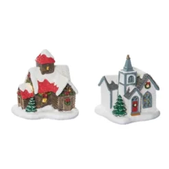 Transpac Light Up Village House And Church Figurine Set Of 2 Christmas Home Decorations Resin Decorative Objects