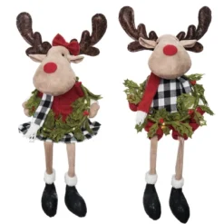Transpac Plush Light Up Buffalo Check Moose Shelf Set Of 2 Christmas Home Decorations For Festive Decor