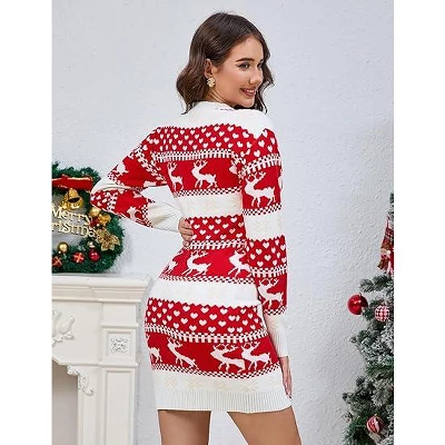 Ugly Christmas Sweater Dress For Women Xmas Crew Neck Pullover Sweater Holiday Knitted Mini Tunic Dress 3 Ugly Christmas Sweater Dress For Women Xmas Crew Neck Pullover Sweater Holiday Knitted Mini Tunic Dress - Image 3