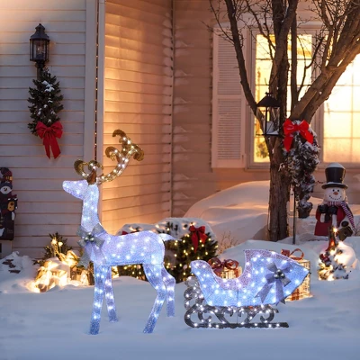 LuxenHome 2-Piece White Reindeer And Sleigh With Silver Bow And Ornaments Outdoor Holiday Decoration With Lights White, Multi, Silver, Brown 4 LuxenHome 2-Piece White Reindeer And Sleigh With Silver Bow And Ornaments Outdoor Holiday Decoration With Lights White, Multi, Silver, Brown - Image 4