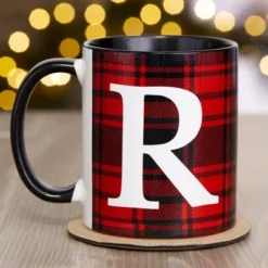 Personalization Mall Christmas Red Plaid Initial Coffee Mug