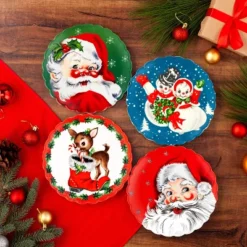 Mr. Christmas Nostalgic Ceramic Scalloped Christmas Plate Set - Bold - 8" - Set Of 4